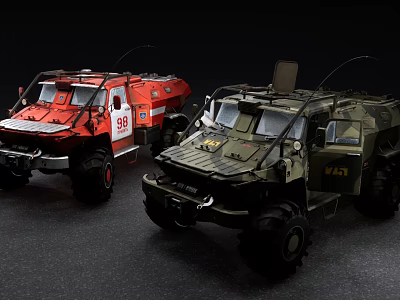 Red And Camouflage Off Road Vehicles With Heavy Duty Tires And Military Design 3d model
