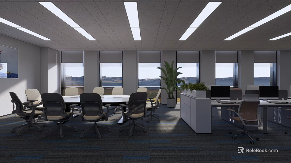 Modern Meeting Room Interior With Long Conference Table Ergonomic Chairs And Indoor Plants 3d model 