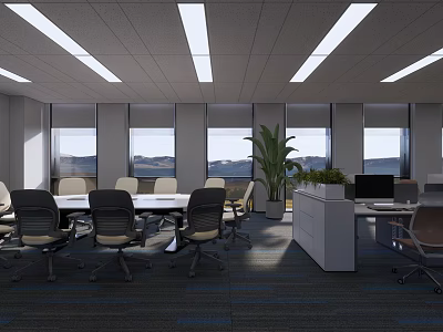 Modern Meeting Room Interior With Long Conference Table Ergonomic Chairs And Indoor Plants 3d model
