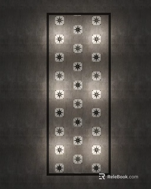 Stone and Wood Wall with Neatly Arranged White Squares Black Stars and Lighting 3d model 