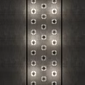 Stone and Wood Wall with Neatly Arranged White Squares Black Stars and Lighting