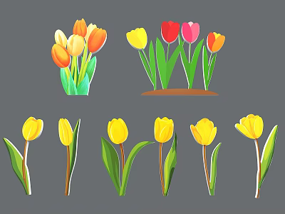 Decorative Tulip Ornament Set With Yellow Orange Red Pink Artificial Flowers For Home Decor 3d model