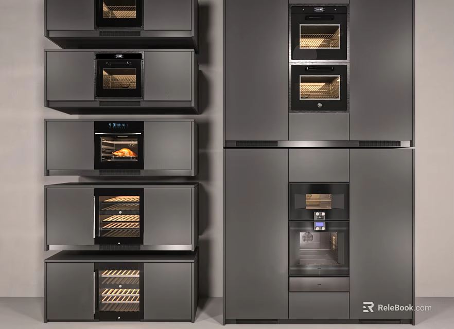 Modern Kitchen Appliances With Stacked Built in Ovens And Cabinet Units 3d model 