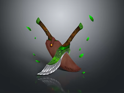 Crossed Fantasy Weapons With Wooden Handles Green Decorative Accents And Silver Blades Surrounded By Green Leaves 3d model