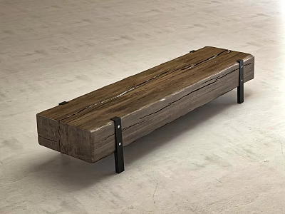 Rustic Solid Wooden Bench With Textured Surface And Black Metal Legs Design 3d model