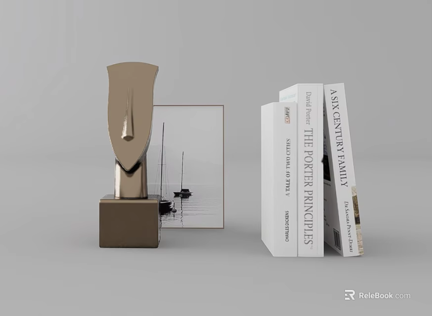 Decorative Ornament Set With Golden Abstract Sculpture Stacked Books And Photo Frame 3d model 