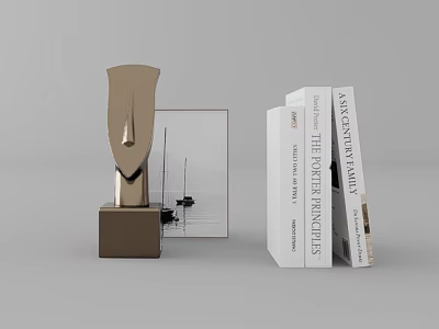Decorative Ornament Set With Golden Abstract Sculpture Stacked Books And Photo Frame 3d model