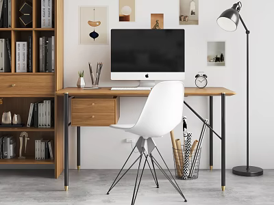 Modern Wooden Desk Setup With White Chair Computer Desk Lamp Wall Art And Bookshelf 3d model