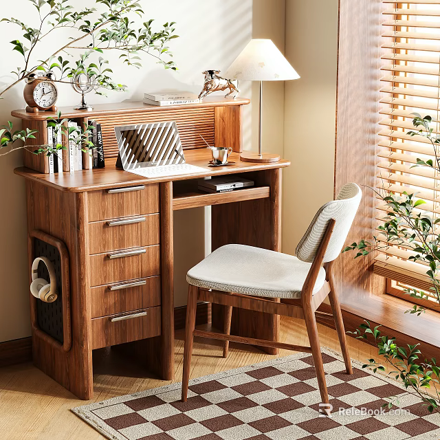 Wooden Writing Desk With Lamp Clock Books Notebook Chair Plants And Window Blinds 3d model 