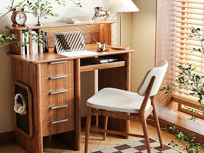 Wooden Writing Desk With Lamp Clock Books Notebook Chair Plants And Window Blinds 3d model