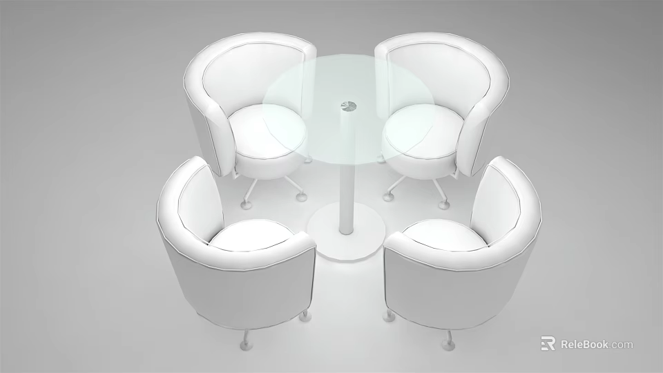 Modern White Dining Table And Chairs Set With Round Glass Top And Four Curved Chairs 3d model 