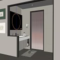Modern Minimalist Bathroom Interior Design With Round Mirror White Vanity And Frosted Glass Shower