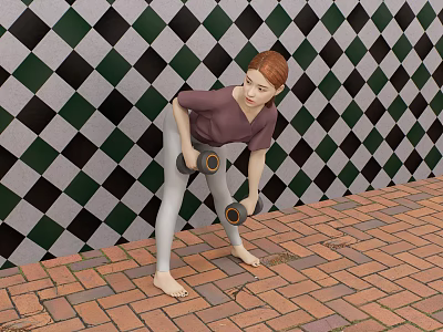 Woman Squatting With Dumbbells Against Black White Green Checkered Wall And Red Brick Floor 3d model