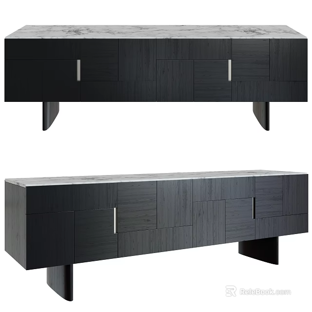 Modern Dark Wooden TV Stand With Cabinet Doors Metal Handles And Sleek Legs 3d model 