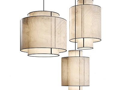 Three Modern Cylindrical Pendant Lights With Wooden Fabric Shades And Layered Design 3d model