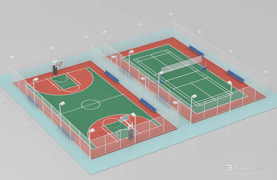 Indoor Basketball Court Facility With Colored Flooring Hoops Fencing Lighting And Spectator Seats 3d model 