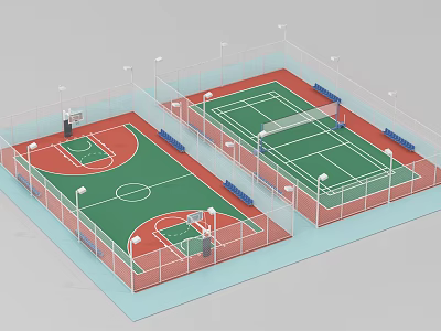 Indoor Basketball Court Facility With Colored Flooring Hoops Fencing Lighting And Spectator Seats 3d model
