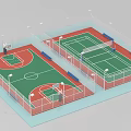 Indoor Basketball Court Facility With Colored Flooring Hoops Fencing Lighting And Spectator Seats