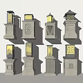 Outdoor Lights In Various Designs With Stone Pedestals And Decorative Patterns 3d model