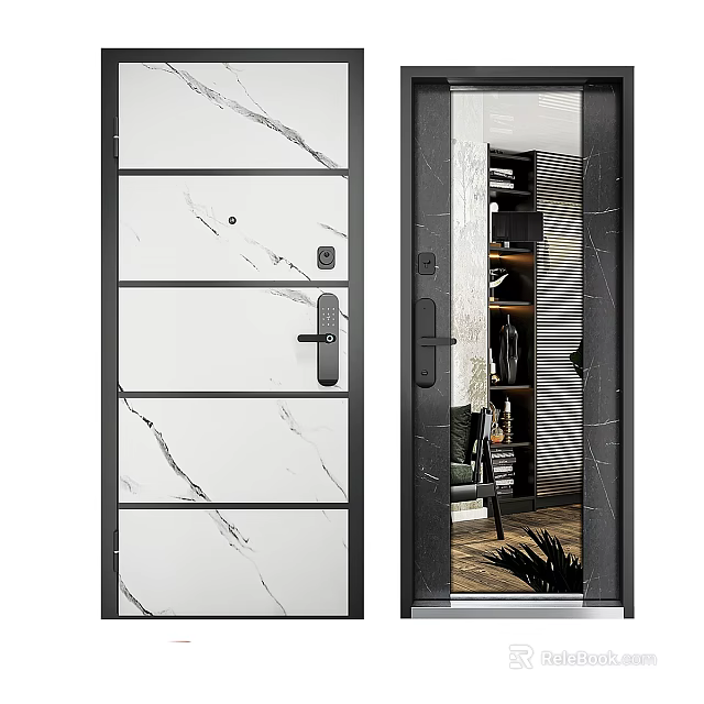 Modern Hinged Door With Marble Texture Black Frame And Interior View Design 3d model 