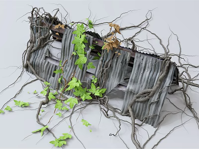 Weathered Rusted Corrugated Metal Awning Entwined With Green Vines And Branches 3d model