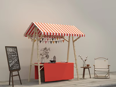 Red And White Striped Canopy Display Stand Featuring Red Countertop Chalkboard Easel And Decorative Bunting 3d model
