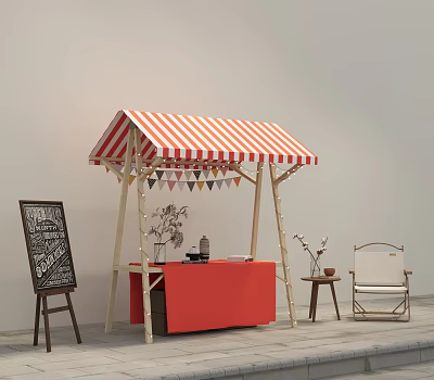Red And White Striped Canopy Display Stand Featuring Red Countertop Chalkboard Easel And Decorative Bunting 3d model