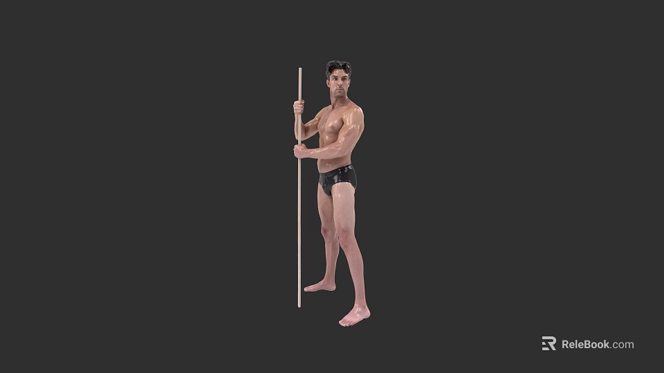 Fit Shirtless Man In Black Shorts Holding Long Stick Against Dark Background 3d model 