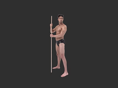 Fit Shirtless Man In Black Shorts Holding Long Stick Against Dark Background 3d model