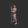 Fit Shirtless Man In Black Shorts Holding Long Stick Against Dark Background