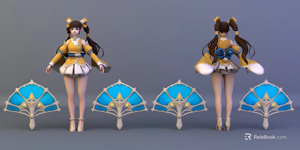 Game Character Design with Double Ponytails Yellow Outfit and Blue Fans 3d model 