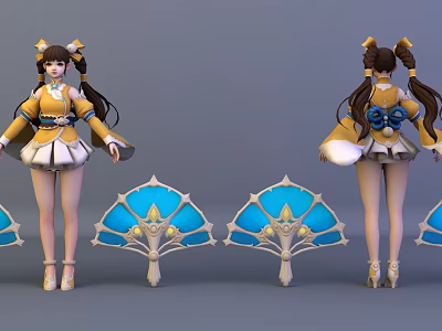 Game Character Design with Double Ponytails Yellow Outfit and Blue Fans 3d model
