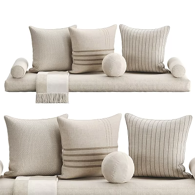 Minimalist Linen Throw Pillows in Neutral Tones with Striped and Round Designs 3d model