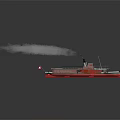 Vintage Steamship Featuring Red White Hull Black Chimney Emitting Smoke And Flying Flag On Water