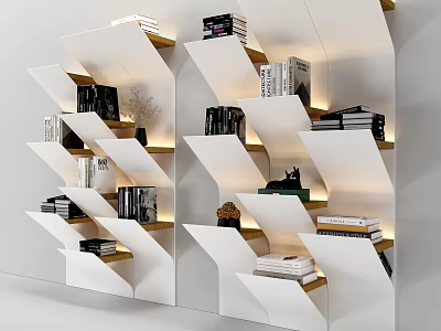 White Bookshelf with Layered Design and Built-in Lighting holding Books and Decorations 3d model