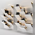 White Bookshelf with Layered Design and Built-in Lighting holding Books and Decorations