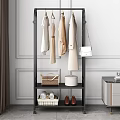 Modern Standing Clothes Rack With Hanging Clothes White Handbag Brown Tote Shoes And Towel Basket