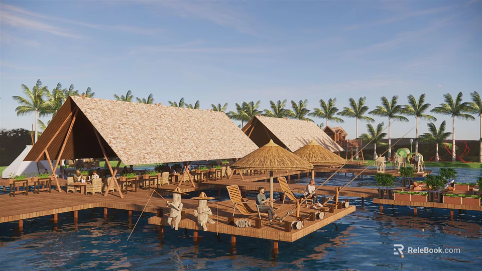Tropical Waterfront Wooden Platform With Thatched Pavilions Palm Trees And Relaxation Area 3d model 