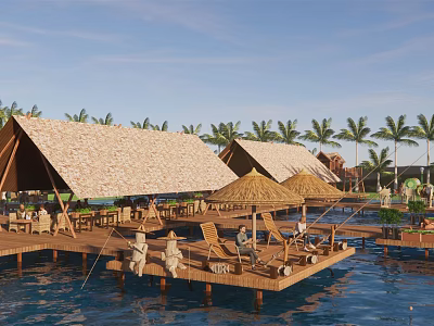 Tropical Waterfront Wooden Platform With Thatched Pavilions Palm Trees And Relaxation Area 3d model