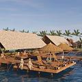 Tropical Waterfront Wooden Platform With Thatched Pavilions Palm Trees And Relaxation Area