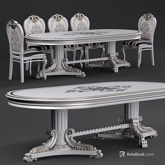 Elegant Oval Dining Table Set With Carved Legs And Floral Patterned Chairs 3d model 