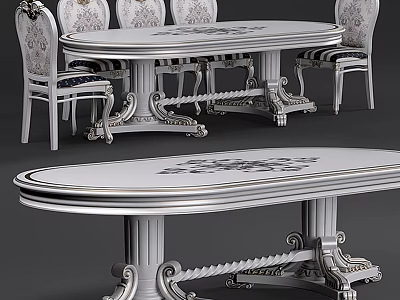 Elegant Oval Dining Table Set With Carved Legs And Floral Patterned Chairs 3d model