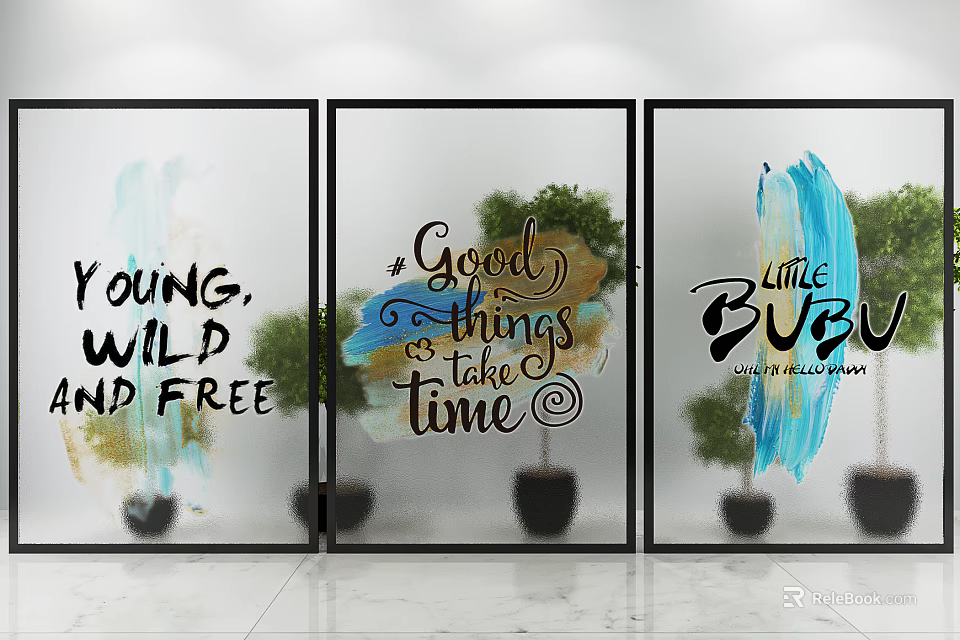 Artistic Glass Room Dividers With Black Frames Quotes And Potted Plants 3d model 