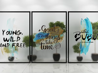 Artistic Glass Room Dividers With Black Frames Quotes And Potted Plants 3d model