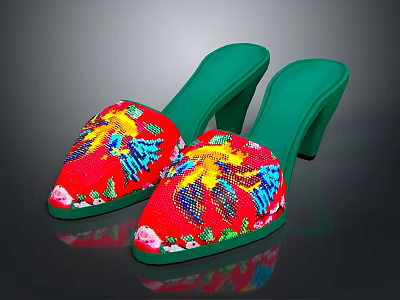 Vibrant Red Embroidered Mules Featuring Green Heels Soles And Colorful Bird Designs 3d model