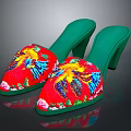 Vibrant Red Embroidered Mules Featuring Green Heels Soles And Colorful Bird Designs