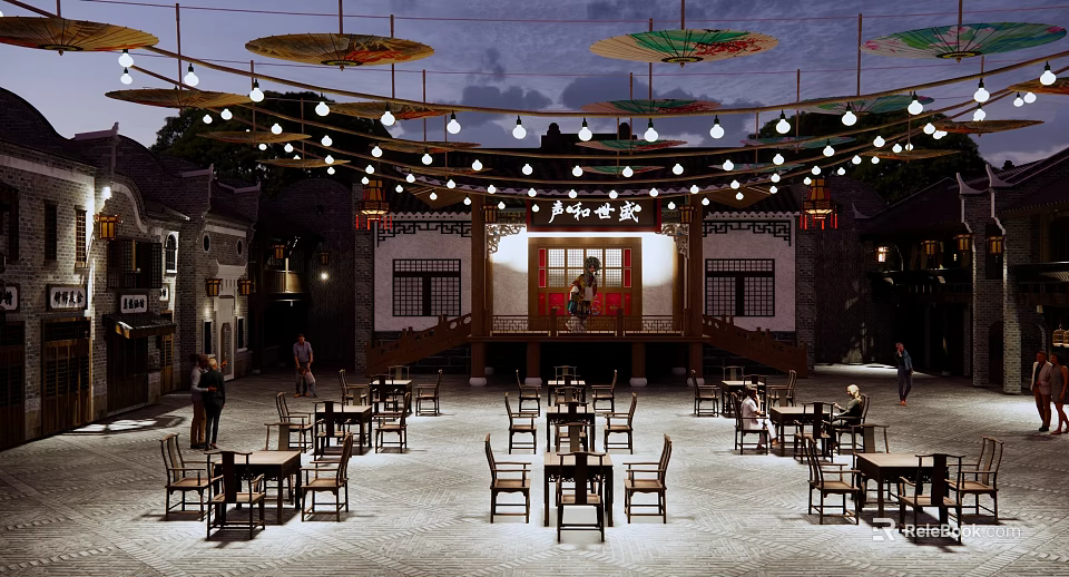 Ancient Architecture Traditional Stage With Hanging Lanterns Oil Paper Umbrellas And Tables Under Night Sky 3d model 