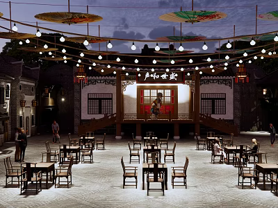 Ancient Architecture Traditional Stage With Hanging Lanterns Oil Paper Umbrellas And Tables Under Night Sky 3d model