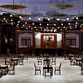 Ancient Architecture Traditional Stage With Hanging Lanterns Oil Paper Umbrellas And Tables Under Night Sky