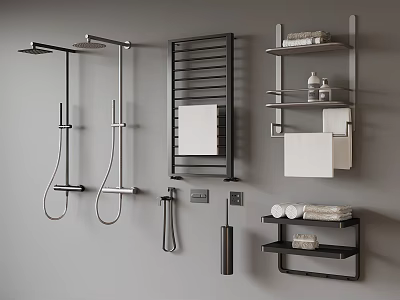 Modern Bathroom Accessories With Shower Head Towel Rack And Wall Mounted Shelves 3d model
